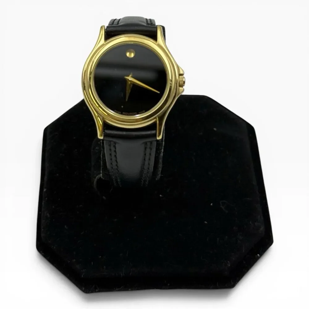 Movado Museum Women Quartz Watch 87 E4 0823 Gold Plated Black Leather Swiss Made